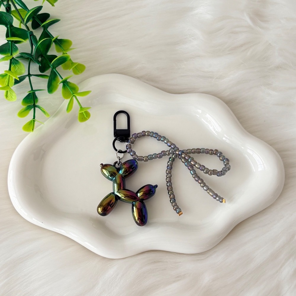 Iridescent Oil Slick Balloon Dog Keychain with Beaded Bow Charm Accessory